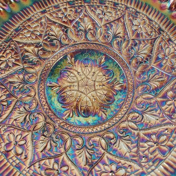 Fenton Carnival Glass Bowl Iridescent Ruffled Edge Hearts Pattern 11" Bowl - Picture 4 of 12